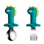 AWINNER Fork and Spoon Carnoon Set Baby Stainless Children Safe Utensil Set No BPA Spoons Flatware For Kids and Toddler - short Green