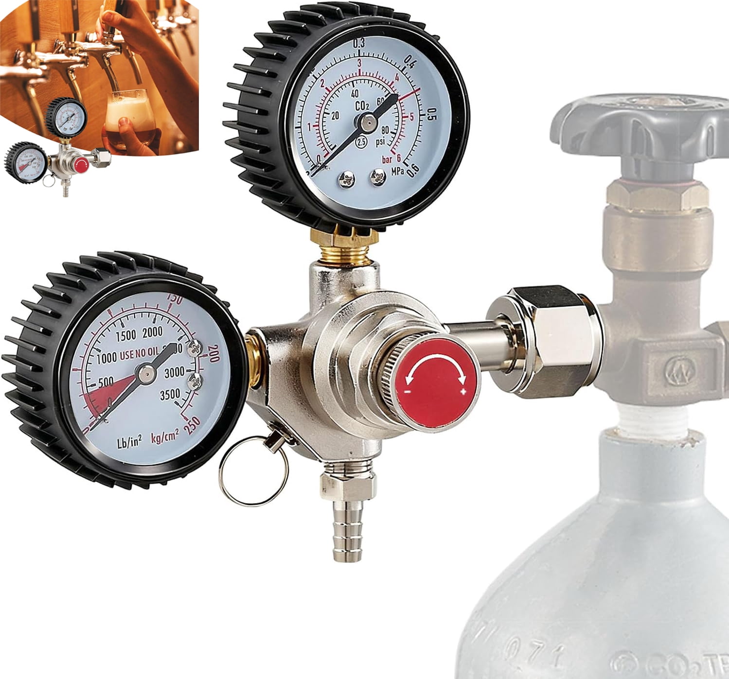 AWINQQY CO2 Regulator, Beer Tap System Regulator with 2 Gauges Adjustable CO2 Regulator W21.8 x 1/14 Inch Connection CO2 Regulator for Beer Brewing Beer Dispenser
