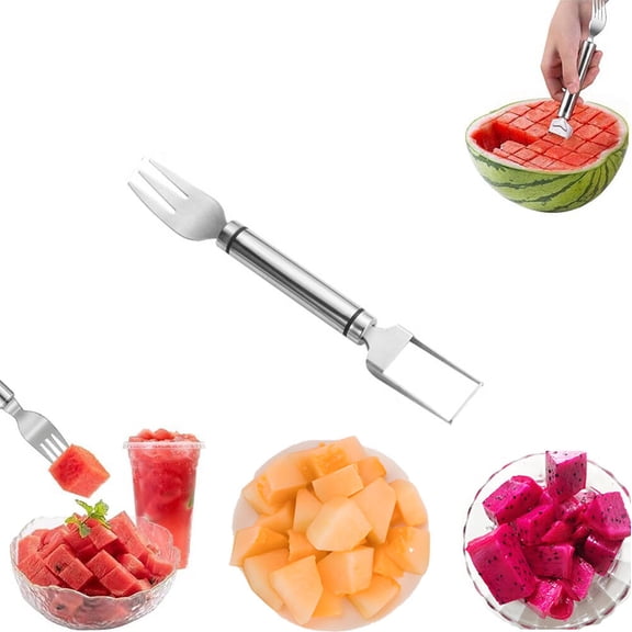 AWINQQY Watermelon Fork Slicer Cutters, 2 in 1 Stainless Steel Fruit Cutter, Portable Watermelon Cutter Slicers Tool, Dual Head Knife with Round Handle (one pcs)