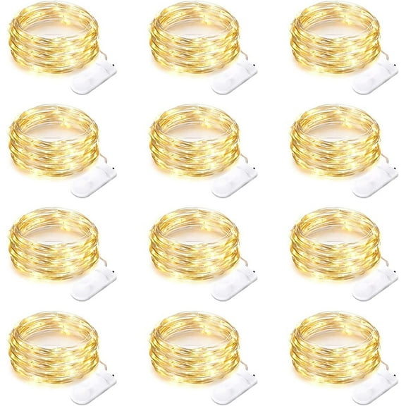 AWLYLNLL 12 Pack Led Fairy Lights Battery Operated String Lights Waterproof Silver Wire 7 Feet 20 Led Firefly Starry Moon Lights for DIY Wedding Party Bedroom Patio Christmas (12 Pack, Warm Yellow)