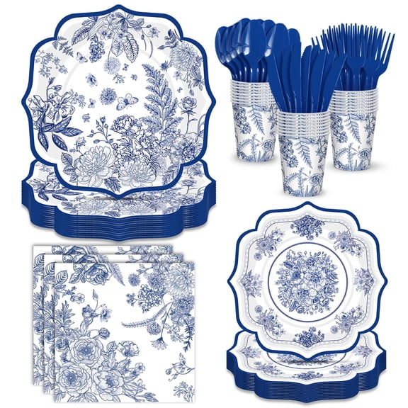 AWLZJZQA 168 Pcs Blue and White Plates Serve 24 Guests Vintage Blue Floral Plates and Napkins Party Supplies Toile Paper Disposable Dinnerware Sets for Tea Party Birthday Bridal Shower Y102
