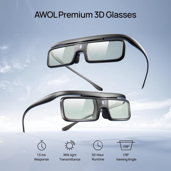 AWOL  DLP Link 3D Glasses, Rechargeable Active Shutter Eyewear Compatible with AWOL  LTV-2500, LTV-3500, Vanish TV & Other DLP-Link 3D projectors (1 Pack)