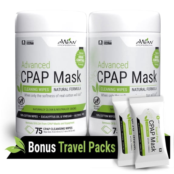 AWOW Professional CPAP Mask Wipes, Cleaner Wipes for Mask & Equipment, Unscented, 75 Count (2 Pack) with Travel Wipes