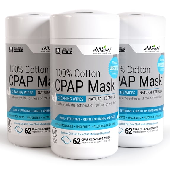 AWOW Professional CPAP Mask Cleaning Wipes, Unscented, 100% Cotton, 62 Count (Pack of 3)