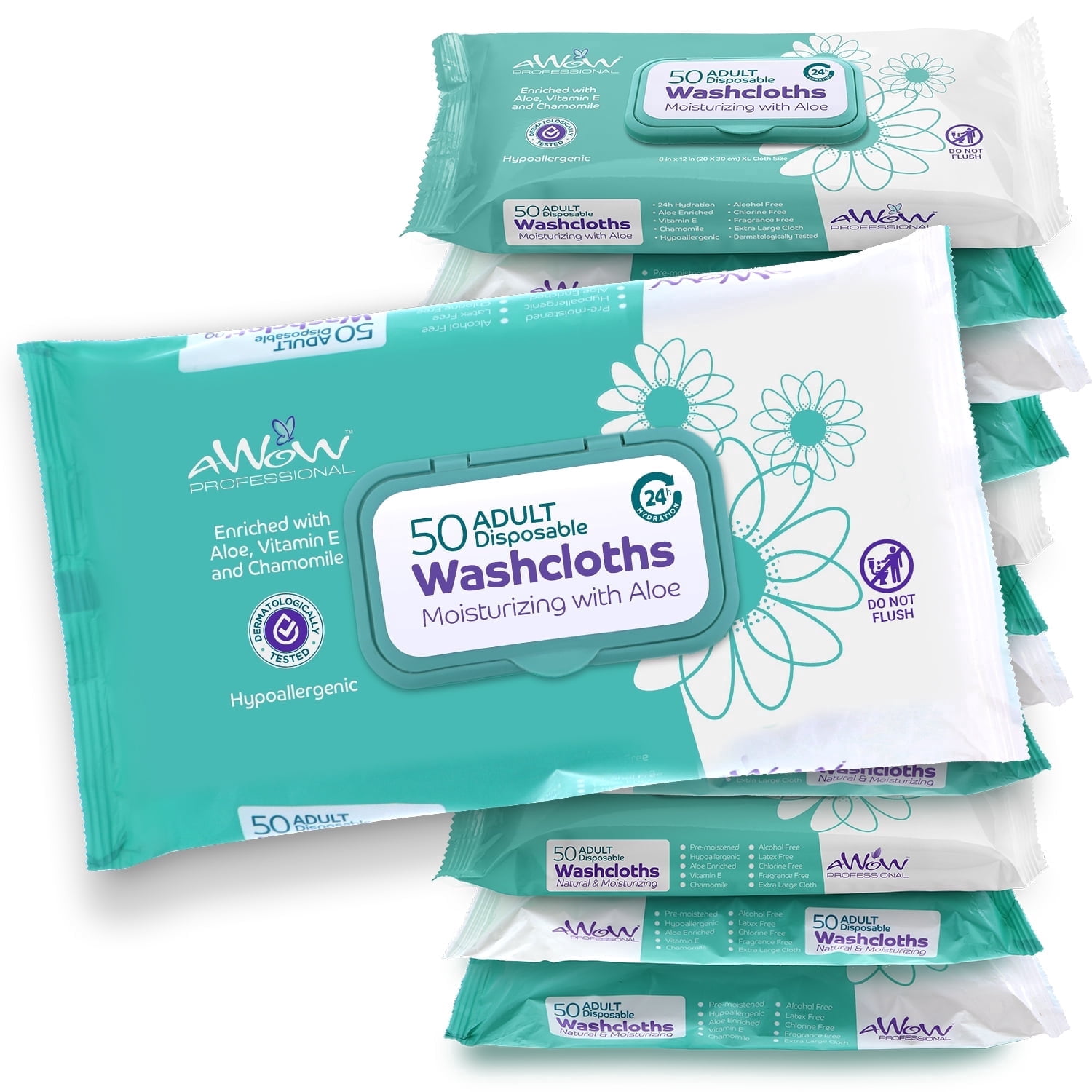 AWOW Professional Adult Wipes for Incontinence & Cleansing, Large Disposable Washcloths, Aloe & Vitamin E, Unscented, 50 Count (12 Packs, 600 Wipes Total)