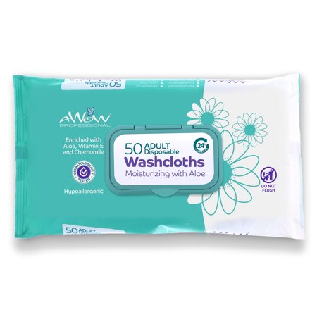 AWOW Professional Adult Wipes for Incontinence & Personal Cleansing, Unscented, Hypoallergenic Disposable Washcloths with Aloe Vera, Chamomile & Vitamin E, 50 Count, 8" x 12"
