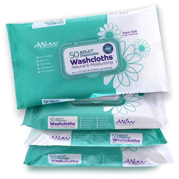 AWOW Professional Adult Wipes for Incontinence & Personal Cleansing, Unscented Hypoallergenic Disposable Washcloths with Aloe Vera, Chamomile & Vitamin E, 4 Packs (200 Total Wipes), 8" x 12"