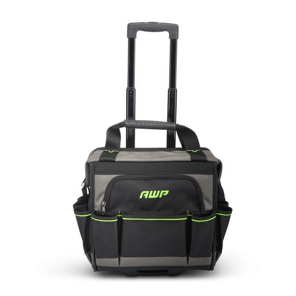 AWP Rolling 14 Inch Tool Bag with Telescoping Rubber Handle and Heavy-Duty Wheel, Water-Resistant Construction