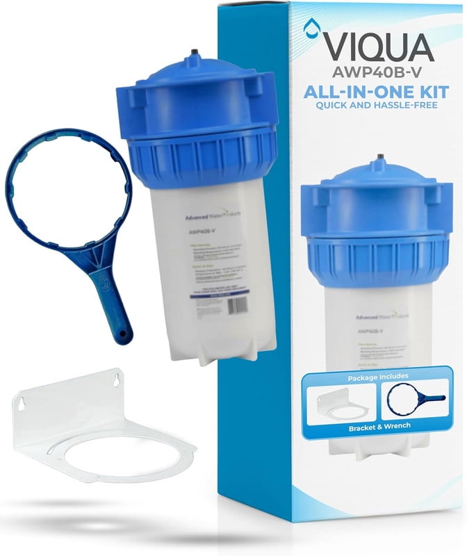 VIQUA AWP40B-V NSF 42 Certified 3-Piece High-Flow Whole House Pre-Filter Housing with Pressure Relief Valve, Mounting Bracket & Wrench 4.5 x 10 Inch, 1" FNPT, 20 GPM, UV Pre-Filtration