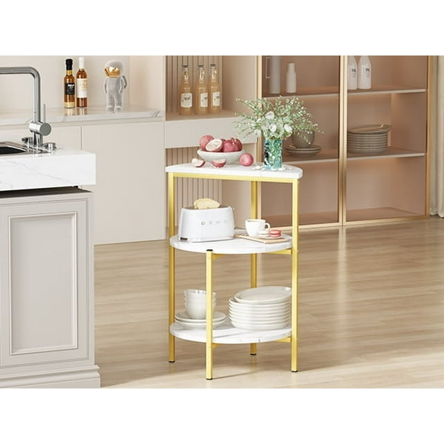 AWQM 17 Inch 3 Tier Marble Side Table with Three Tiers of Storage, Alloy Frame, Sturdy, Suitable for Living Room Bedroom, Next to Sofa, White + Black