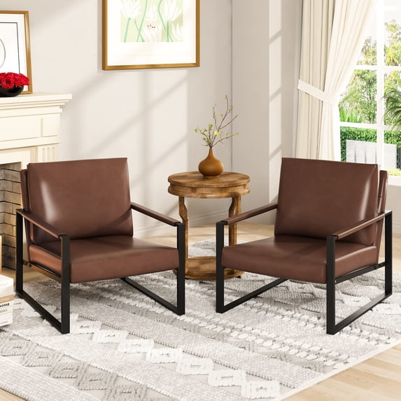 AWQM 2 Pieces Mid-Century Modern Chair, Accent Chair with Backrest, Upholstered Armchair, 105 Degree Slant Back Comfy Reading Chair, Lounge Chair for Living Room Bedroom Apartment, Brown