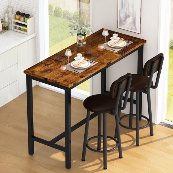 AWQM 3 Pcs Industrial Bar Set with Table Top and 2 Stools, Rustic Brown/Black