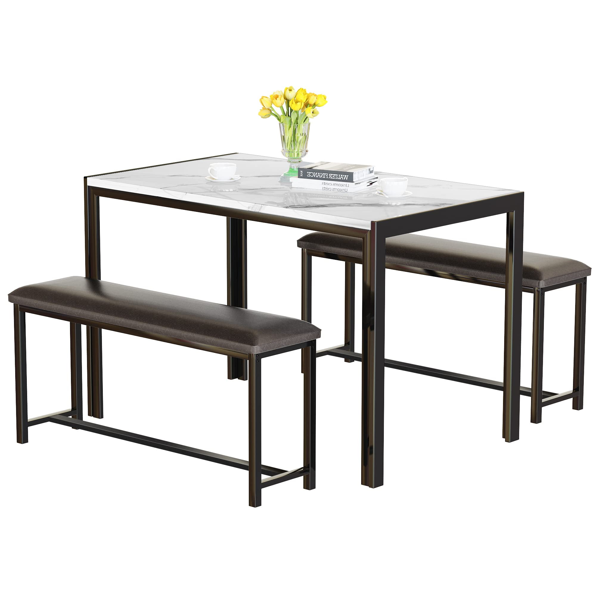 AWQM 3 Piece Dining Table Set, Faux Marble Kitchen Table Set and 2 PU Leather Upholstered