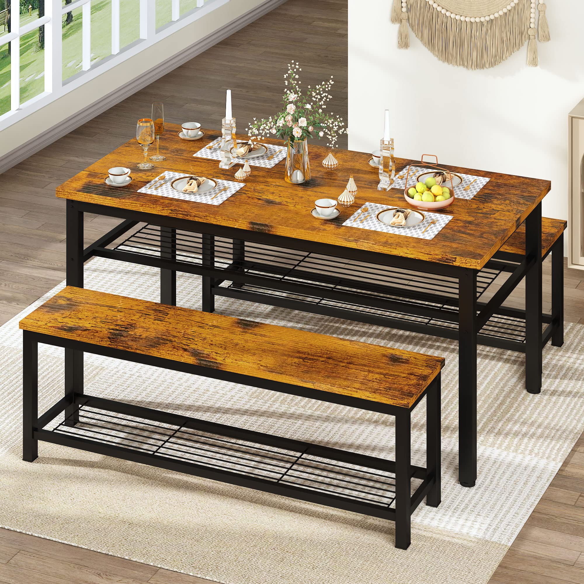 AWQM 3 Piece Dining Table Set with Storage Rack, Kitchen Table Set with