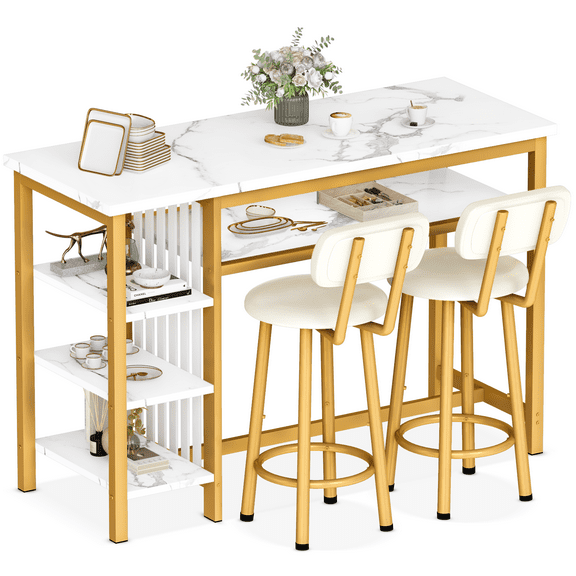 AWQM 3 Pieces Bar Table Set with Storage Shelves, Faux Marble Kitchen Table and Chairs Set, Counter Height Dining Set with 2 PU Upholstered Bar Stools, Pub Table Set for Kitchen Island, White+Gold