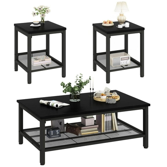 AWQM 3 Pieces Coffee Table Set, Industrial Coffee Table with 2 Square End Side Tables, Modern Living Room Table Set with Metal Frame for Apartment Home Office, Black