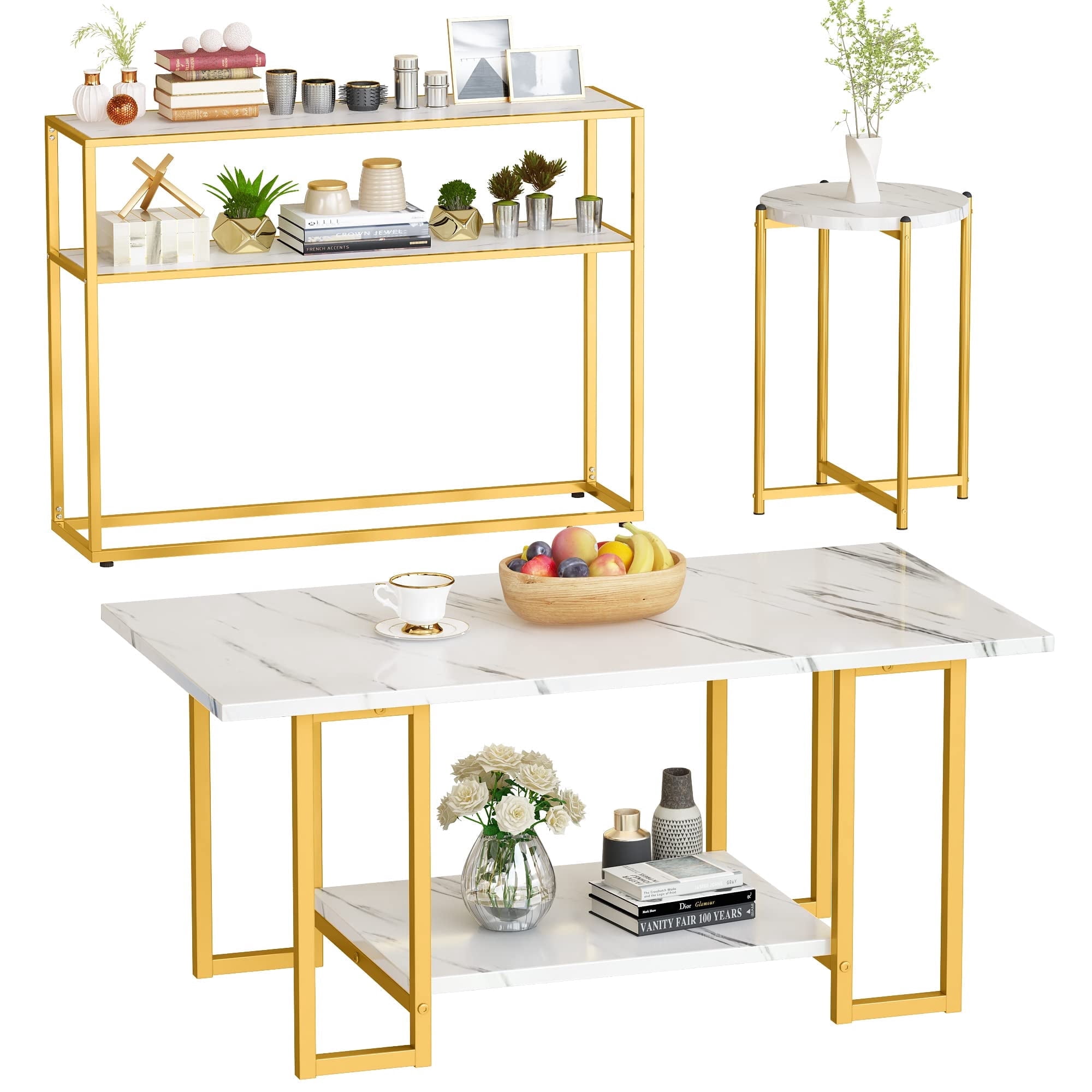 AWQM 3 Pieces Living Room Table Set Faux Marble Coffee Table with Round End Side Table and Console Table Modern Coffee Table Set with Gold Metal Frame for Home Office White