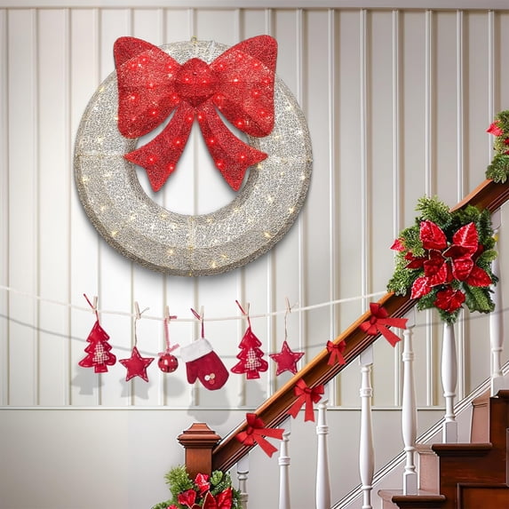 AWQM 35.4in White Christmas Wreath with 90Lights, Ooutdoor Christmas Decorations with Metal, Prelit Christmas Wreath with Bow for Doors/Windows, Christmas Wreath Decorations for Outdoor, Garden