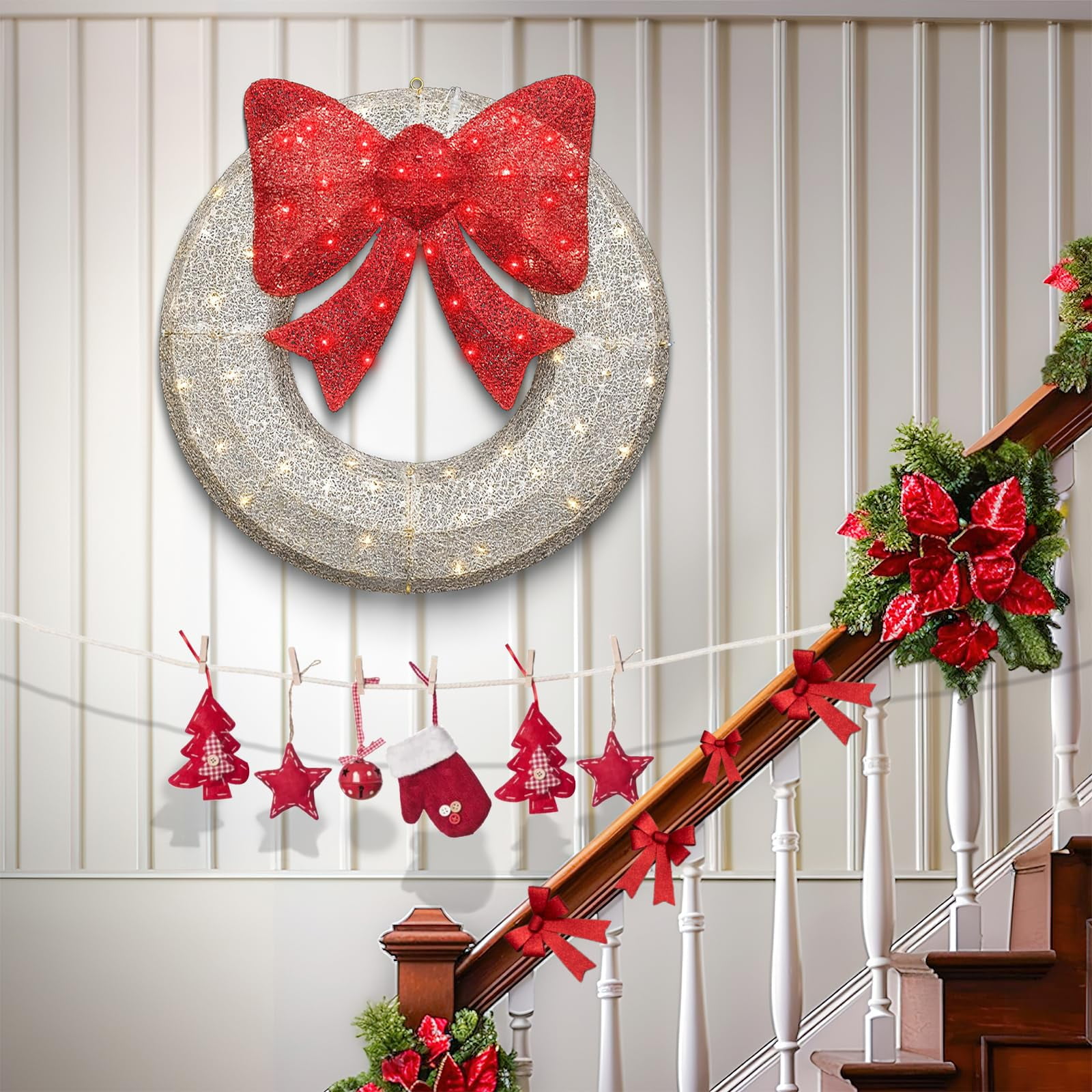 AWQM 35.4in White Christmas Wreath with 90Lights, Ooutdoor Christmas