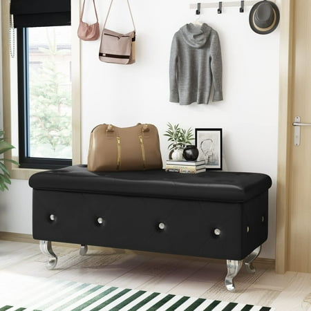 AWQM Rectangular Upholstered, Velvet Storage Bench with Crystal Buckle, Black