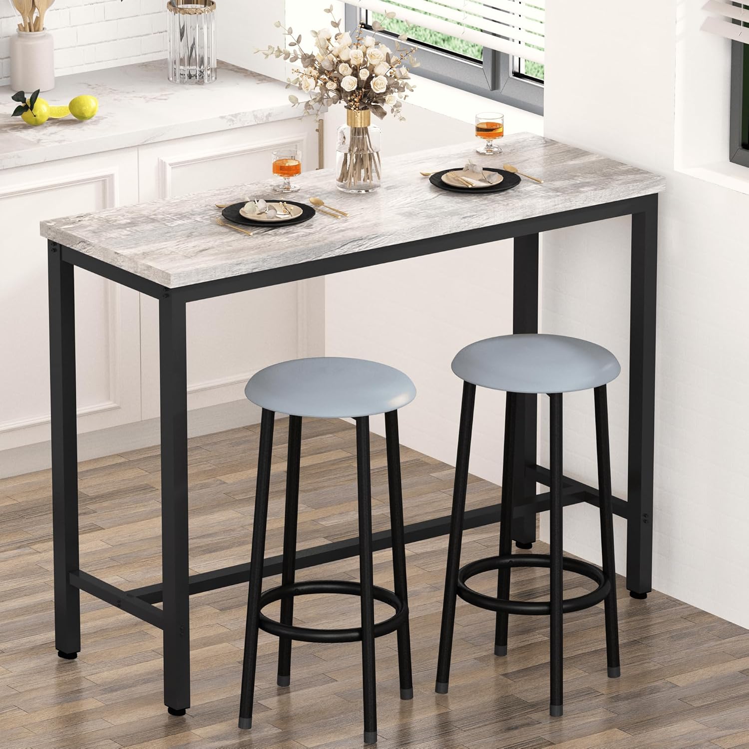 AWQM 39.3" Bar Table Set of 2,Faux Marble Pub Height Table and Chairs