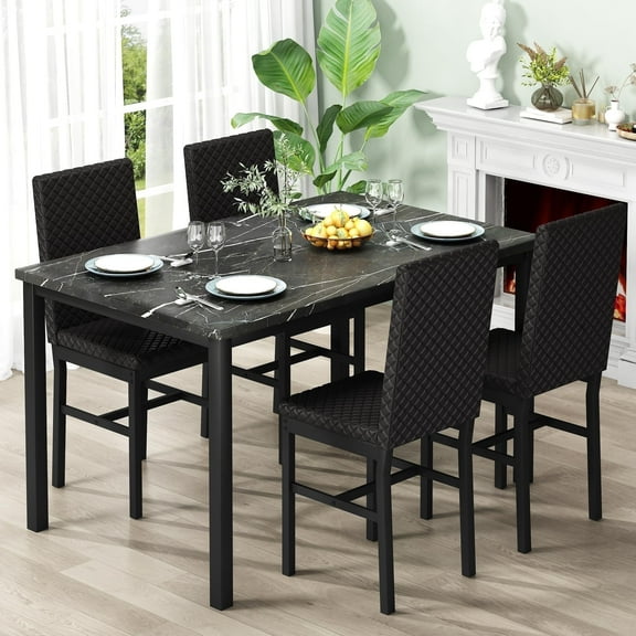 AWQM Dining Table Set for 4, Black Marble Dining Table with 4 Velvet Upholstered Chairs, Space Saving Dining Table for Apartments, Small Spaces, Small Kitchens, and Breakfast Corner