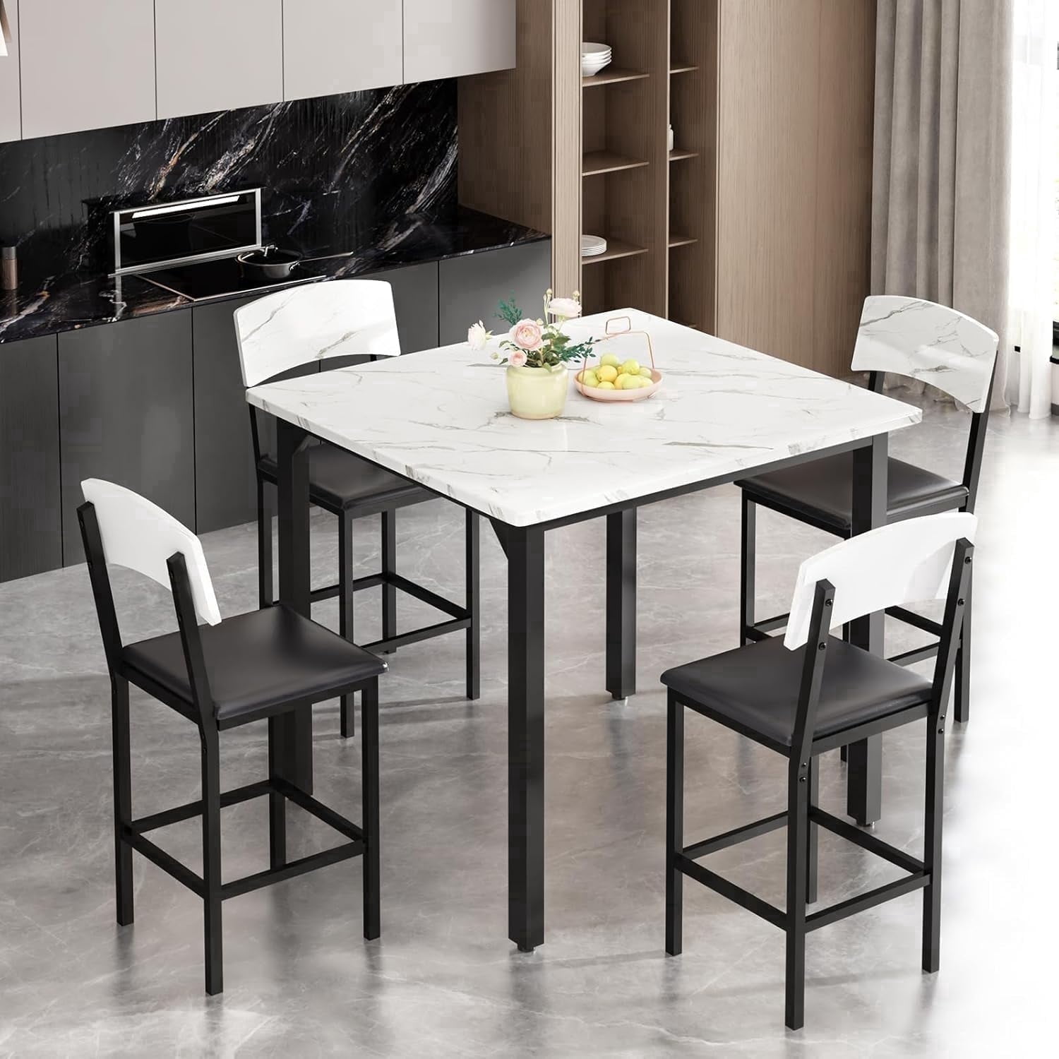 Lamerge 4 Person Dining Table Set, Solid Wood Dining Table with 4 Upholstered Leather Chairs, Modern Kitchen Dining Room Dining Table Set for Small Spaces, Apartments, Kitchens, Dining Rooms. White