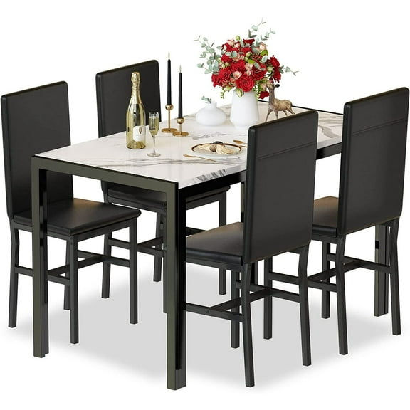AWQM 4 Person Kitchen Dining Set, Marble Dining Table Set with 4 PU Leather Upholstered Chairs for Apartments, Kitchens, Dining Rooms, Breakfast Corners and Small Spaces.