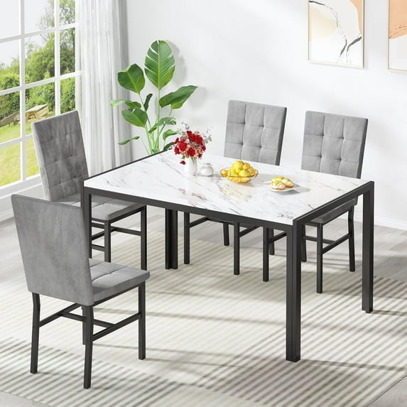 AWQM 4 Person Kitchen Dining Set, Marble Dining Table and Chairs with 4 Plush Upholstered Chairs for Apartments, Kitchens, Dining Rooms, Breakfast Corners, and Small Spaces.
