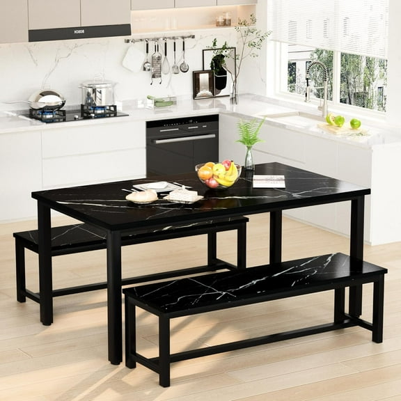 AWQM 47'' Dining Table with Bench, Dining Room Table Set for 4-6, Modern Kitchen Table and Chairs Set, Faux Marble Kitchen Breakfast Set for Apartment, Small Space, Breakfast Nook, Black