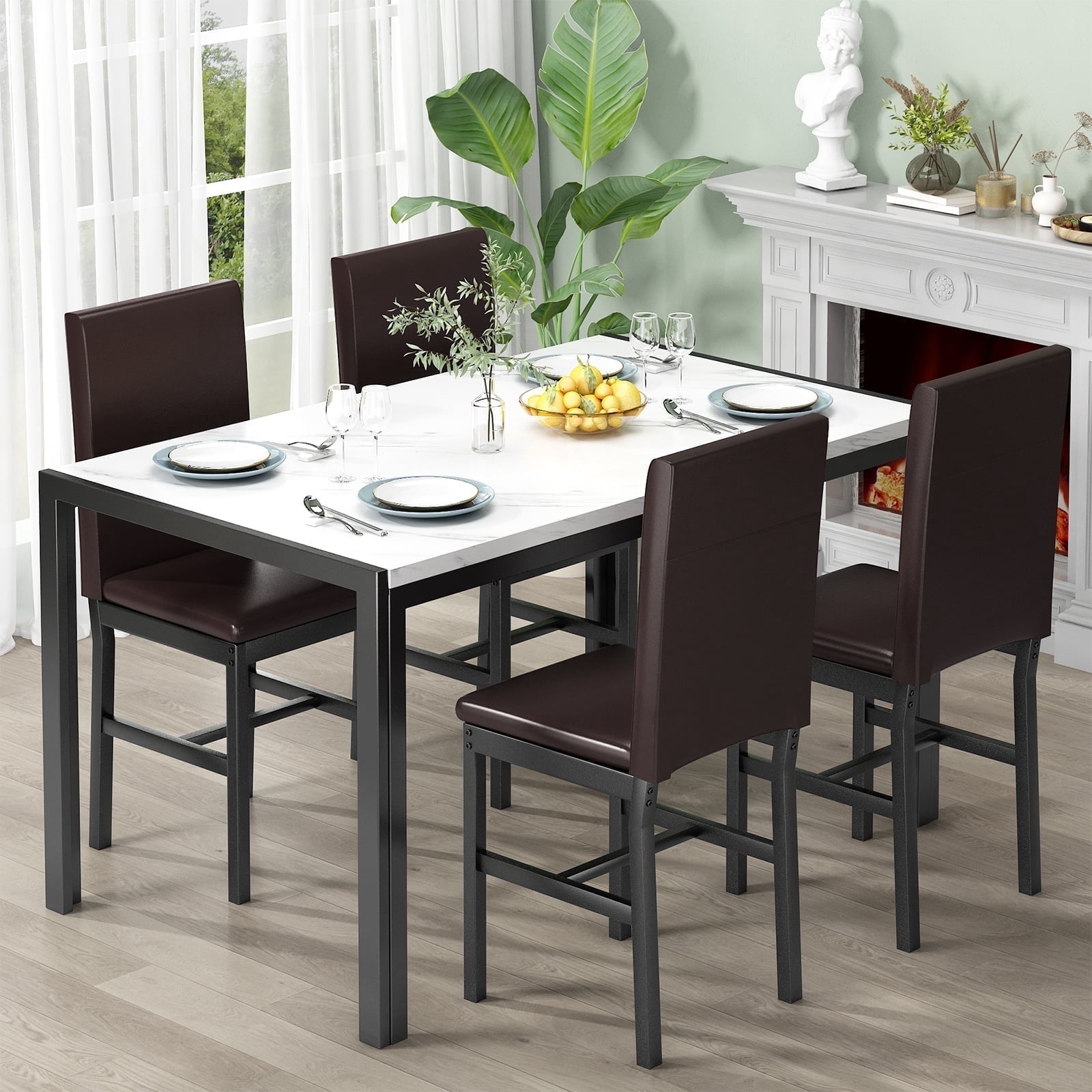 AWQM 5 Peice Dining Table Set, Faux Marble Dining Room Table and Chairs Set, Rectangle Kitchen Table Set with Durable Metal Frame and Upholstered Chairs, White