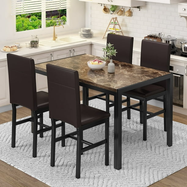 Awqm Dining Table Set for 4 Modern Kitchen Table and Chairs Set Faux Marble Tabletop and 4 PU Leather Upholstered Chairs Dining Set for Living