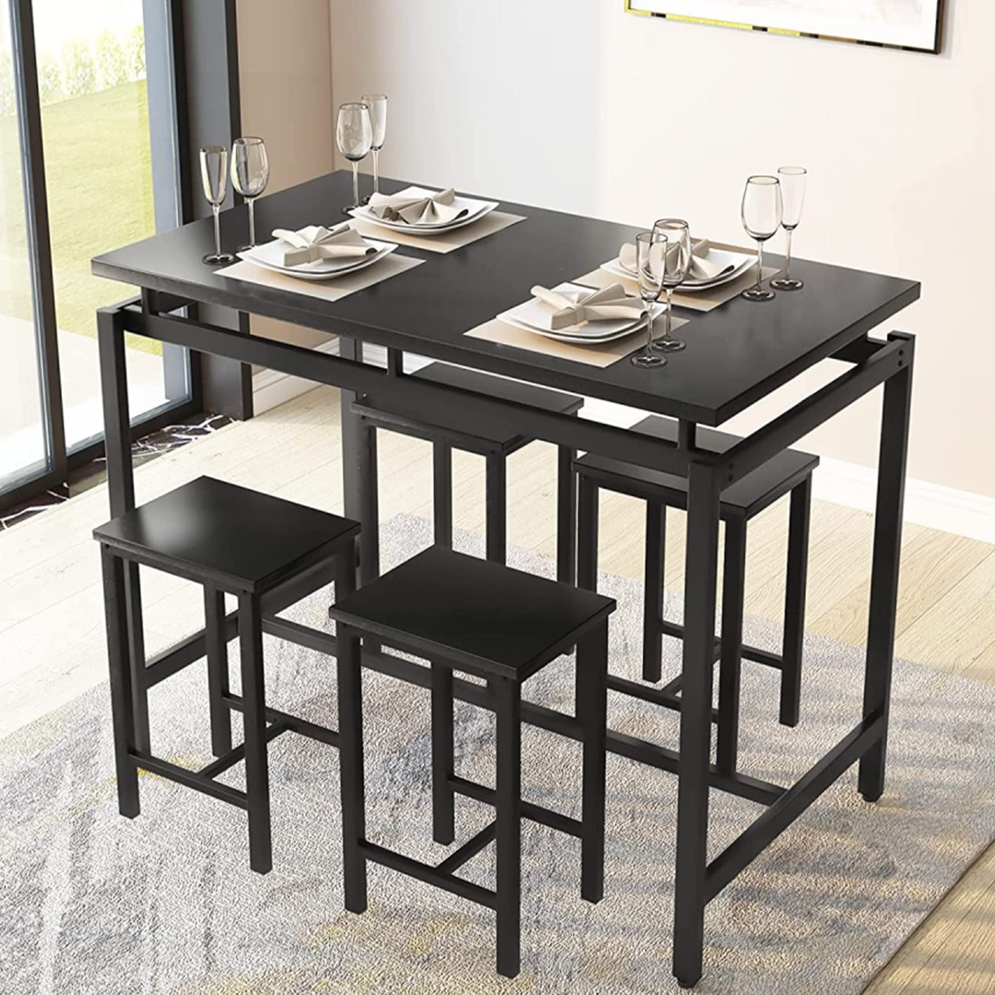 Black Iron and Wood Industrial Pub Table Set with 4 Chairs