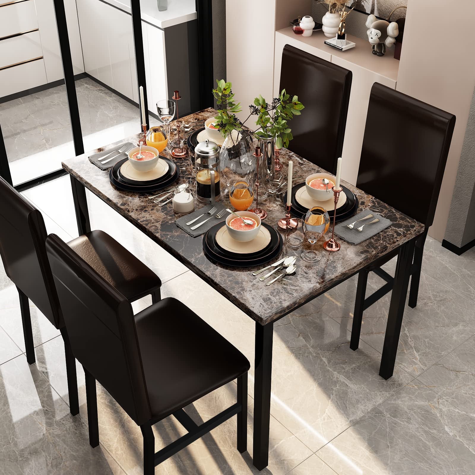 5 Piece Faux Marble Dining Table Set with PU Leather Egypt Ubuy