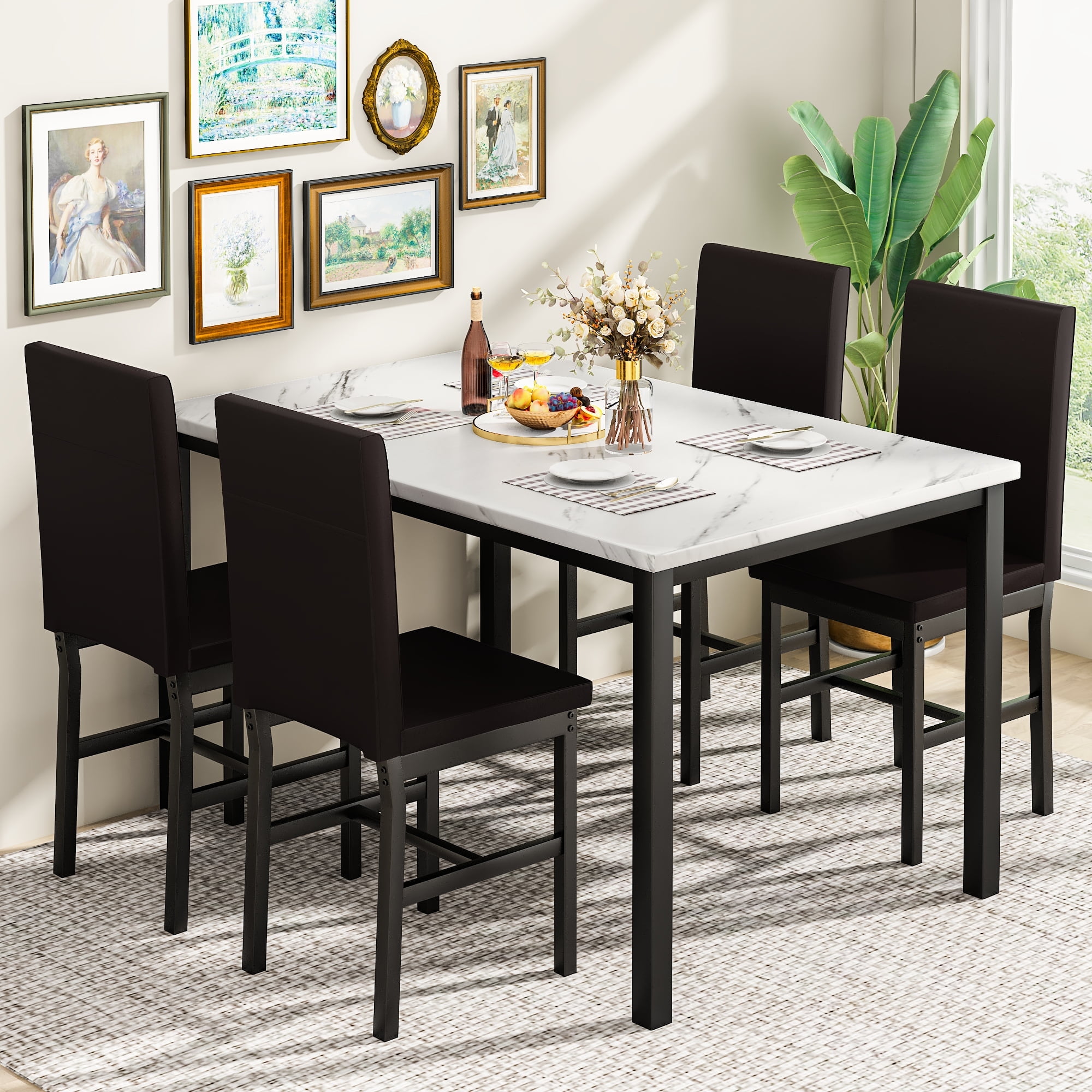 AWQM 5 Piece Dinette Dining Set, Faux Marble Table with 4 PU Leather Chairs, Space-Saver Design ...