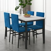 AWQM 5 Piece Dining Table Set, Kitchen Table and Chairs Set for 4 with Faux Marble and 4 Velvet Upholstered Dining Chairs for Home, Restaurant, White & Blue