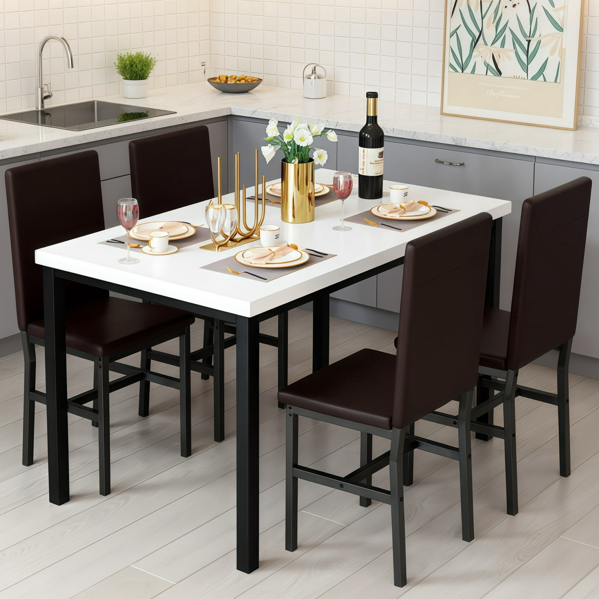 AWQM 5 Piece Dining Table Set, Modern Faux Marble Tabletop and 4 PU Leather Upholstered Chairs, Rectangle Kitchen Table and Chairs for 4 Persons, Small Dining Set for Bar Dining Room Breakfast Nook