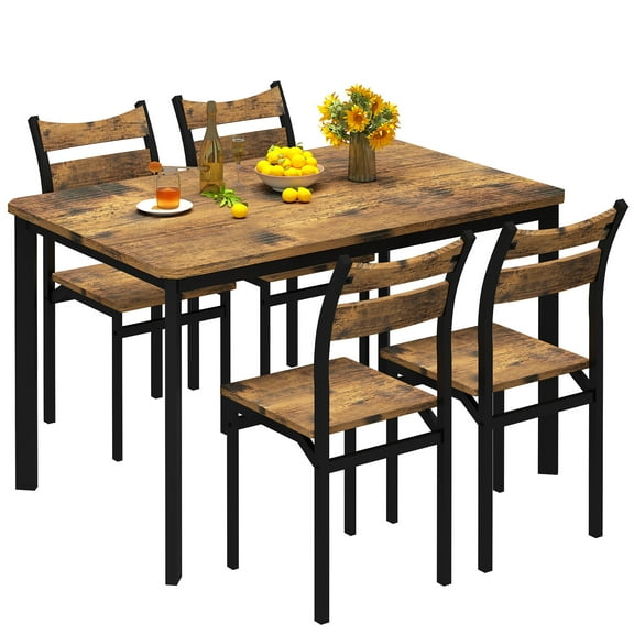 AWQM 5 Piece Dining Table and Chair Set, Modern Kitchen Table Set for 4, Industrial Wooden Dining Table with Backrest Chairs, Rustic Brown