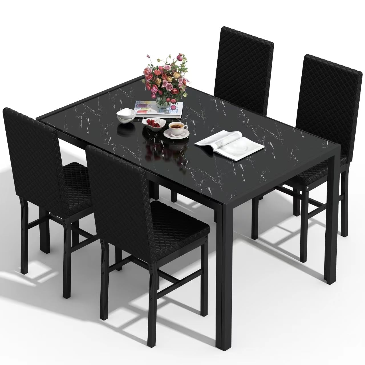 AWQM 5Piece Dinning Room Table Set, Glass Kitchen Table with 4 PU