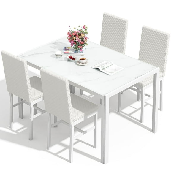AWQM 5-Piece Dinning Room Table Set, Glass Kitchen Table with 4 PU Leather Chairs, White Dining Kitchen Table Chairs Set of 4, for Kitchen Dining Room Breakfast Nook