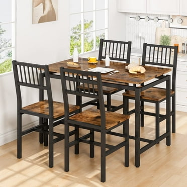 AWQM 5 Piece Industrial MDF & Metal Dining Table Set, Rustic Brown
