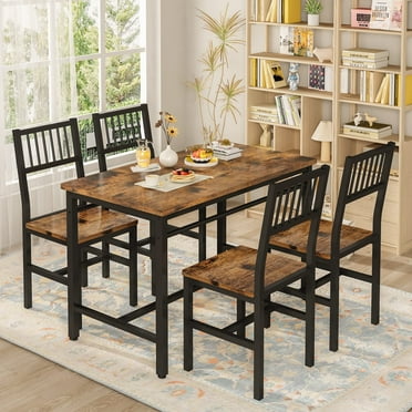 AWQM 5 Piece Industrial, Rustic Lodge MDF and Metal Dining Table with Chair Rustic Brown