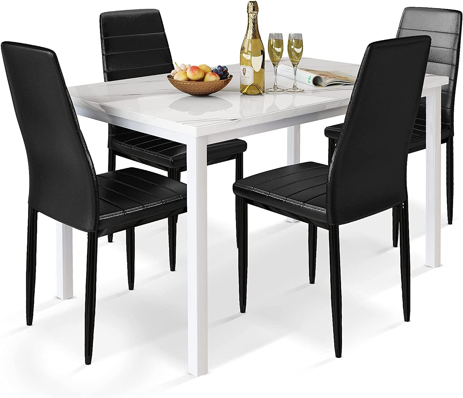 AWQM 5 Pieces Dining Table Set for 4 with Faux Marble Top and Leather ...