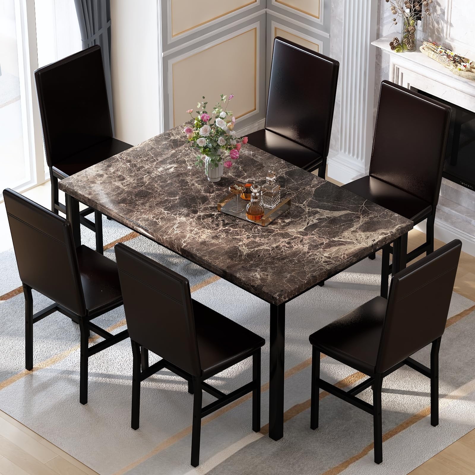 AWQM 7 Piece Dining Table Set for 6, Faux Marble Kitchen Table with 6 ...