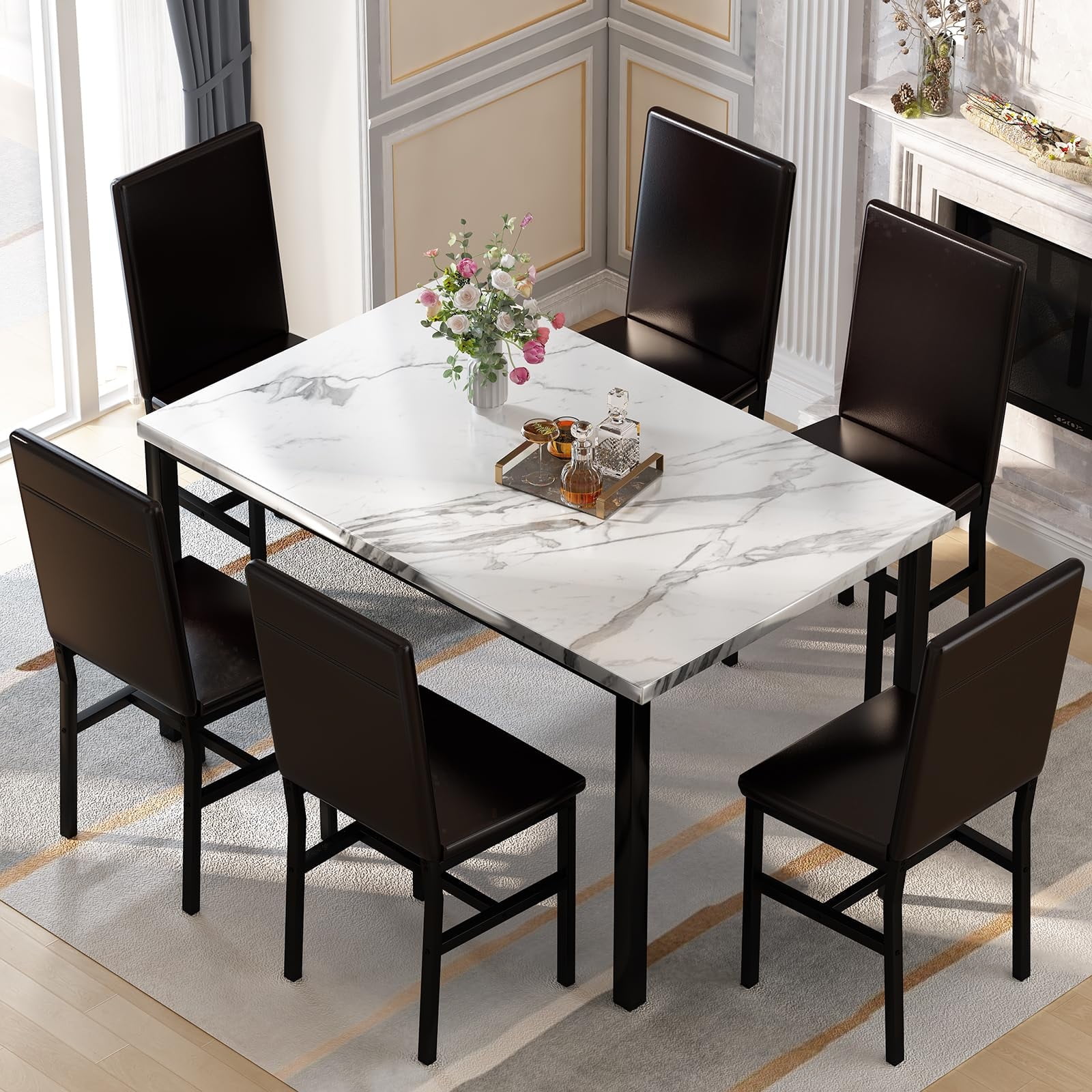 AWQM 7 Piece Dining Table Set for 6 Faux Marble Kitchen Table with 6 PU Leather Chairs Modern Dining Room Table Set for Small Space Living Room