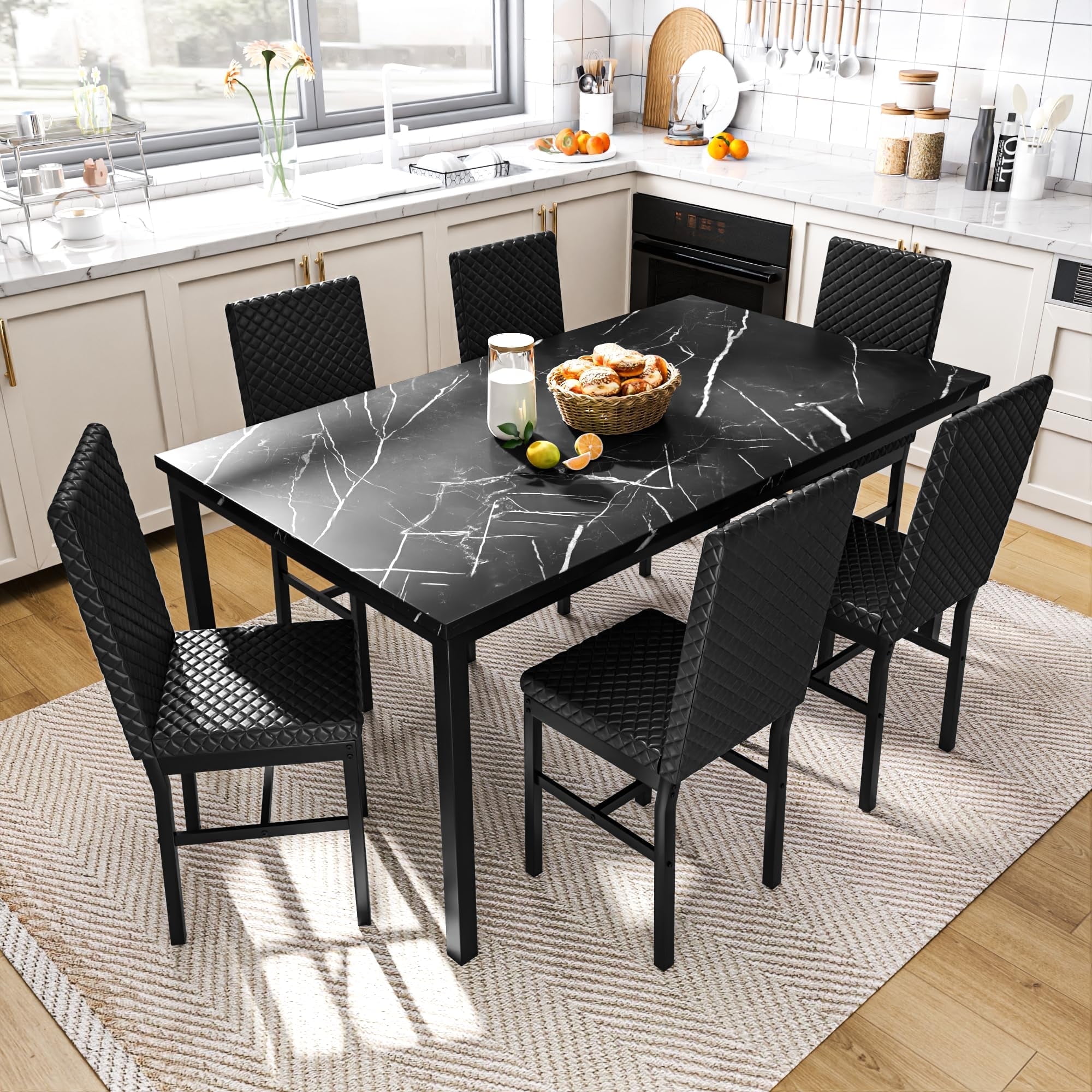 AWQM 7 Piece Dining Table Set for 6, Faux Marble Kitchen Table with 6 ...