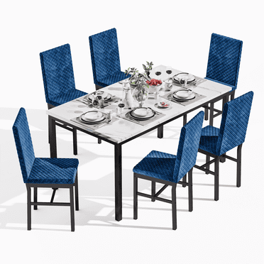 AWQM 7 Piece Dining Table Set for 6, Faux Marble Kitchen Table with 6 Velvet Chairs, Modern Dining Room Table Set for Small Space, Living Room, Apartment, White Blue