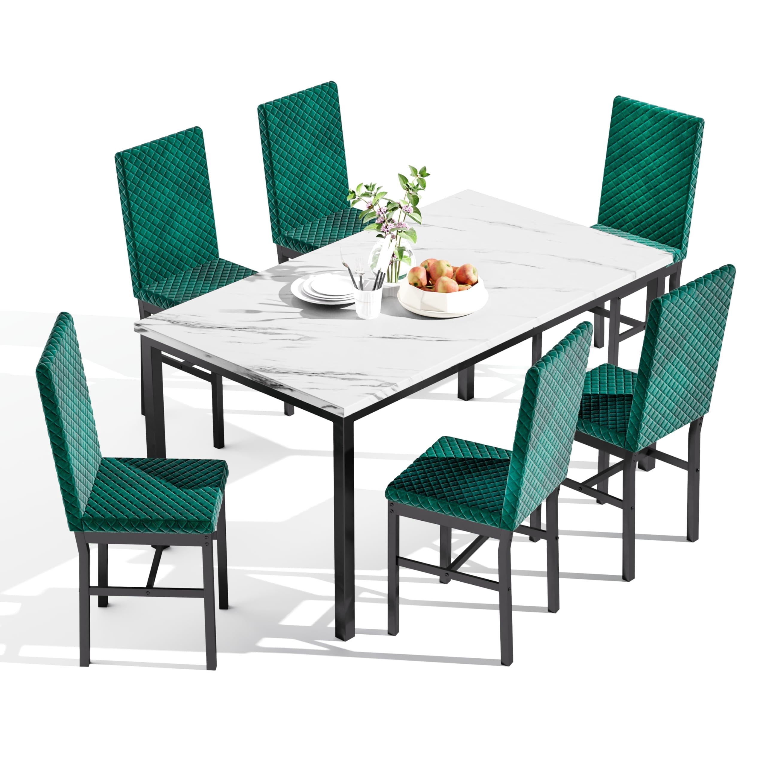 AWQM 7 Piece Dining Table Set for 6, Faux Marble Kitchen Table with 6 ...