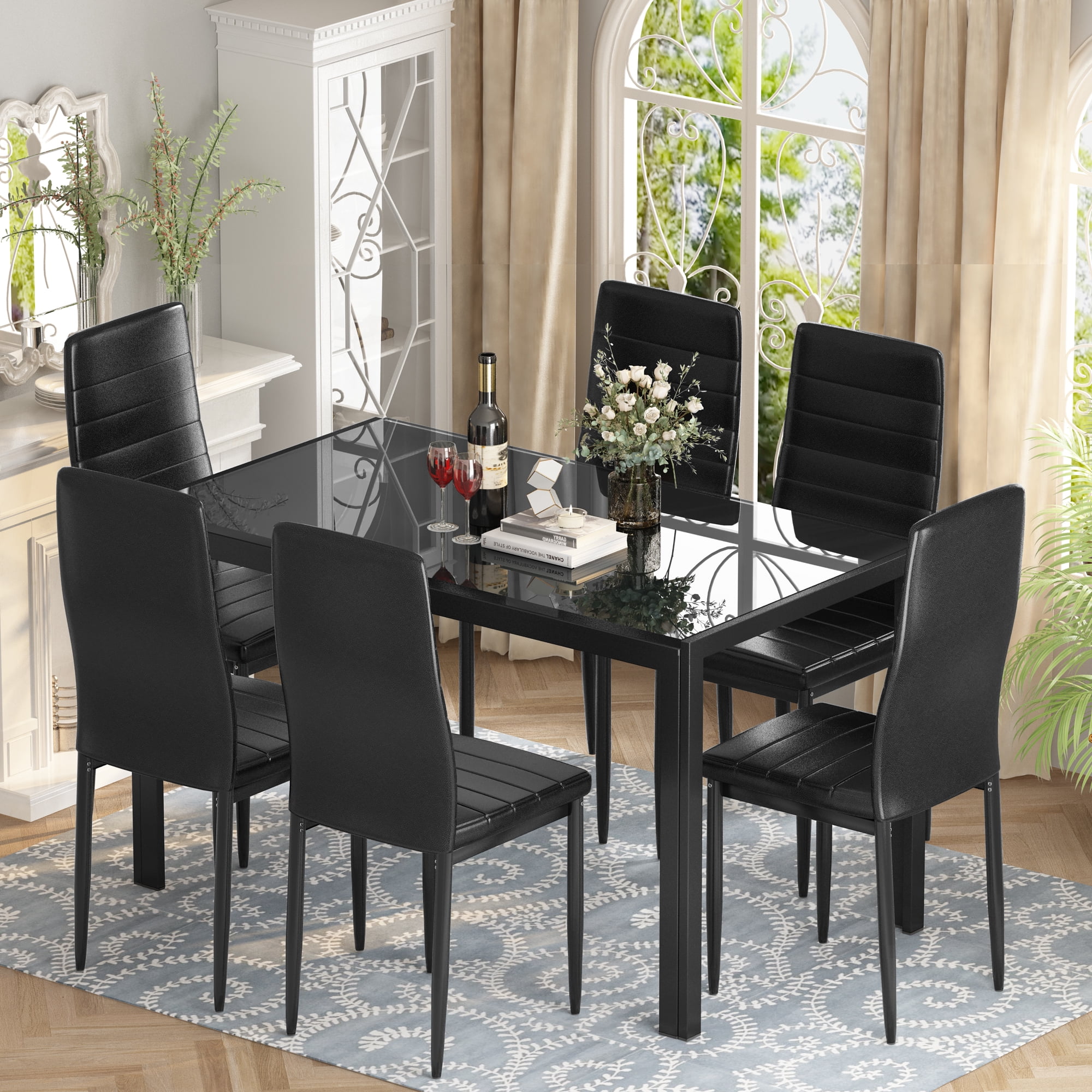 AWQM 6-Piece Black Kitchen Dining Set with Glass Table and PU Leather ...
