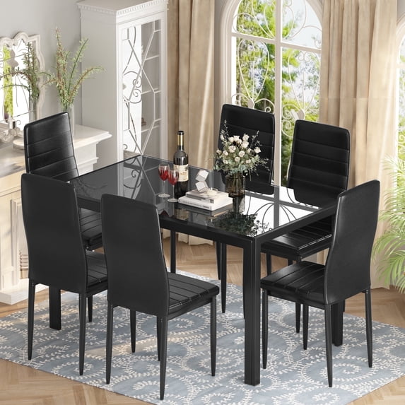 AWQM 7 Piece Kitchen Dining Table Set for 6, Glass Dining Table and 6 PU Leather Chairs for Kitchen, Dining Room, Black